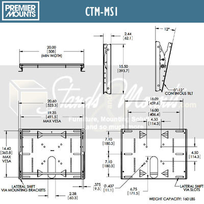 Premier Mounts Medium Tilt TV Wall or Stand Mount CTM-MS1, tilting display wall mount dimensions diagram