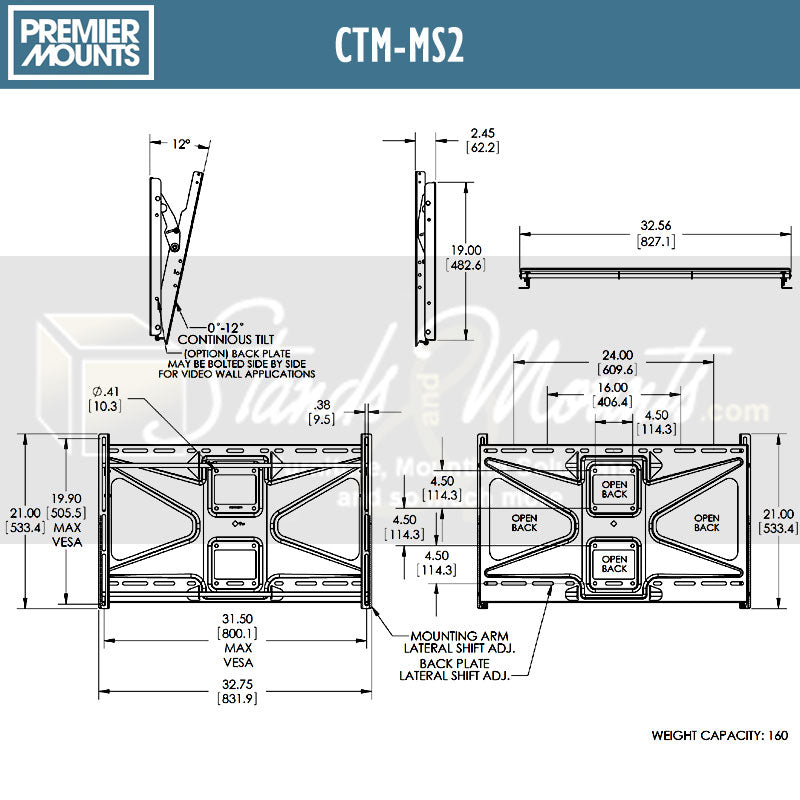 Premier Mounts Large Tilt TV Wall or Stand Mount CTM-MS2, ceiling TV mount dimensions diagram