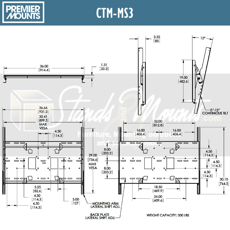 Premier Mounts Extra Large Tilt TV Wall or Stand Mount CTM-MS3, display mount plate dimensions diagram