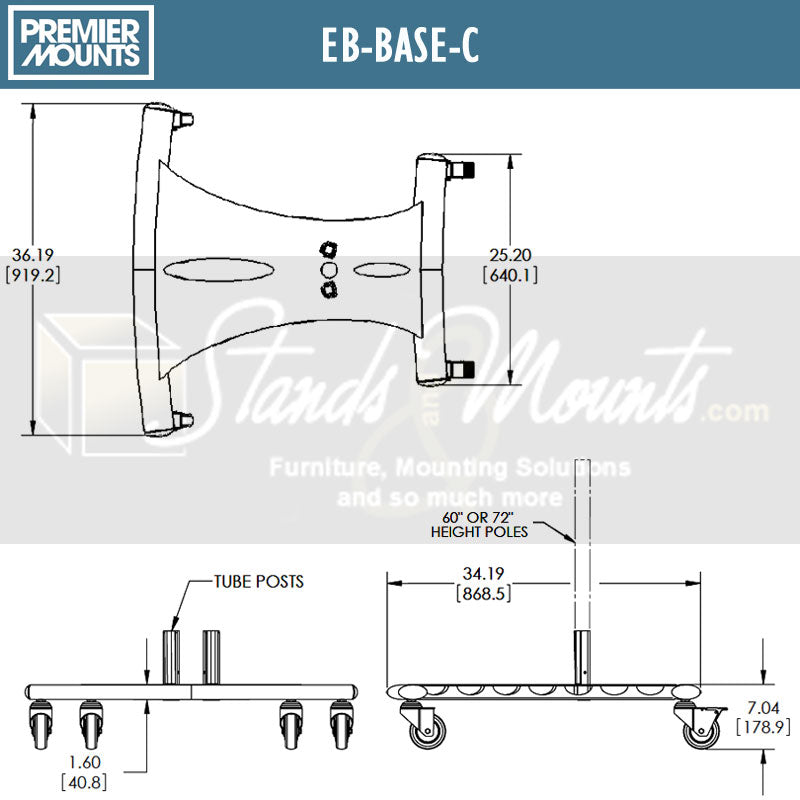 Premier Mounts Elliptic TV Floor Stand PSD-EB60 PSD-EB72 PSD-EB84, mobile floor stand base dimensions diagram