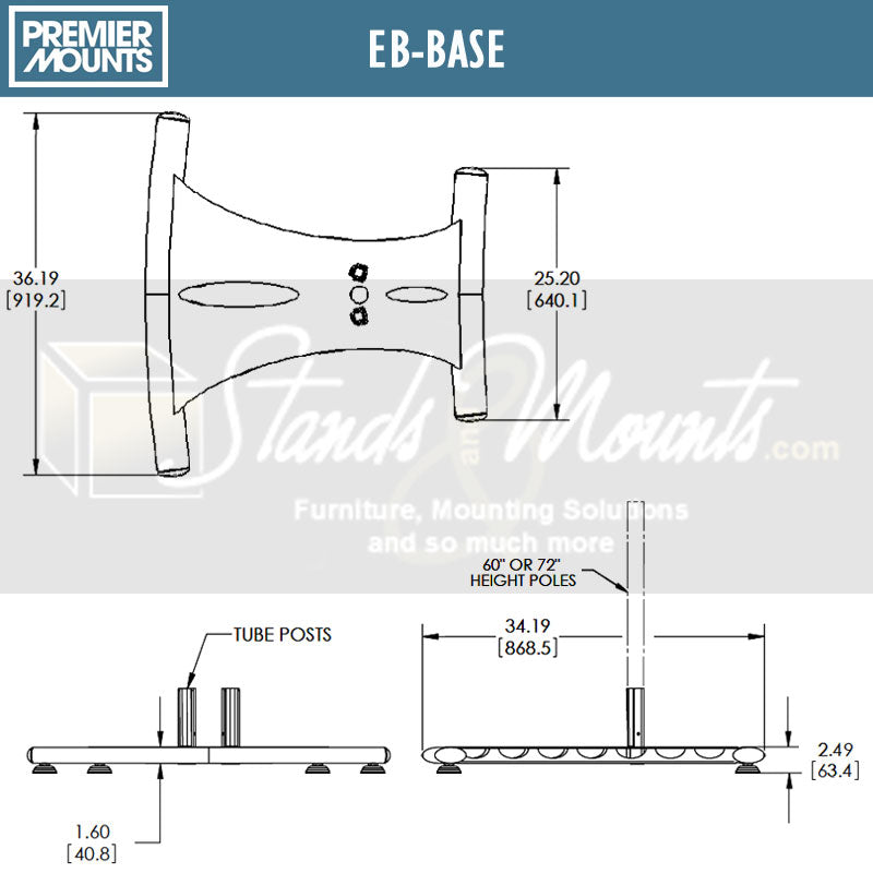 Premier Mounts Elliptic TV Floor Stand PSD-EB60 PSD-EB72 PSD-EB84, floor stand base dimensions diagram