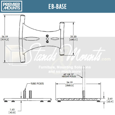 Premier Mounts Elliptic TV Floor Stand PSD-EB60 PSD-EB72 PSD-EB84, floor stand base dimensions diagram