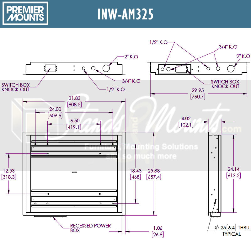 Premier Mounts In-Wall Box INW-AM325, in-wall TV mount enclosure technical dimensions diagram
