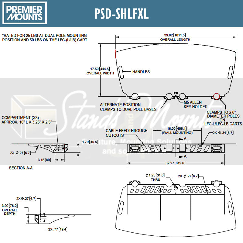 Premier Mounts Component Shelf PSD-SHLFXL, display stand accessory shelf dimensions diagram