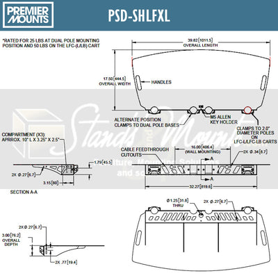 Premier Mounts Component Shelf PSD-SHLFXL, display stand accessory shelf dimensions diagram