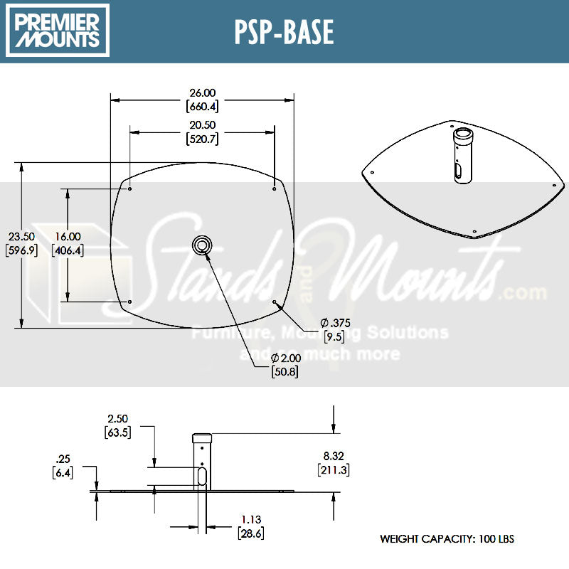 Premier Mounts Single Pole Floor Stand Base PSP-BASE, floor stand base dimensions diagram
