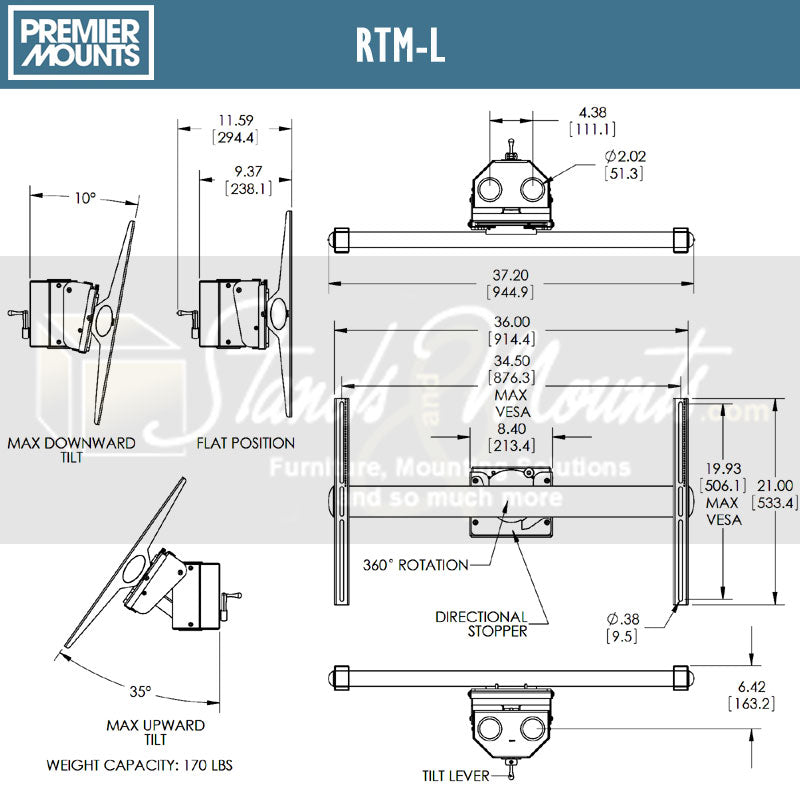 Premier Mounts Low-Profile Mobile Cart PSD-VPS, dual-display adapter dimensions diagram