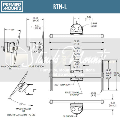 Premier Mounts Low-Profile Mobile Cart PSD-VPS, dual-display adapter dimensions diagram