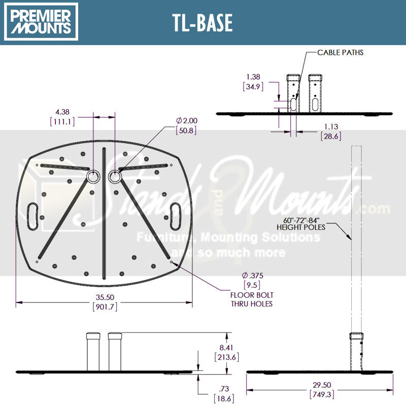 Premier Mounts Lightweight Dual Pole Floor Stand Base TL-BASE, floor stand base dimensions diagram