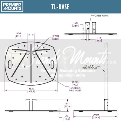 Premier Mounts Lightweight Dual Pole Floor Stand Base TL-BASE, floor stand base dimensions diagram