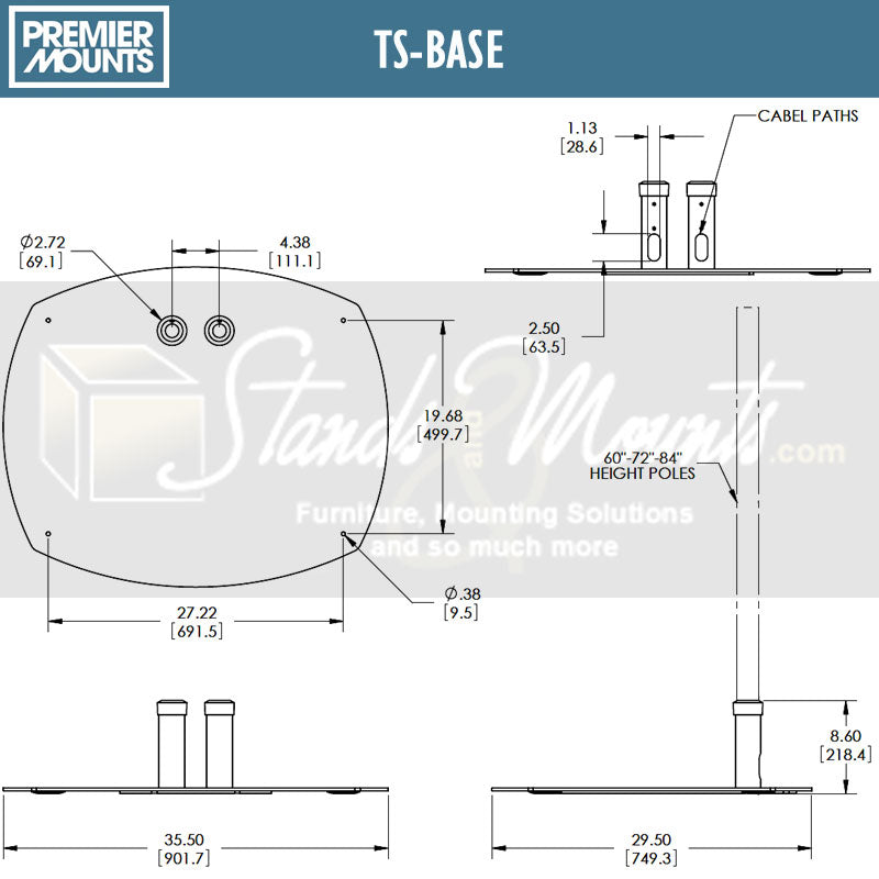 Premier Mounts Low-Profile Dual Pole Floor Stand Base TS-BASE, floor stand base dimensions diagram