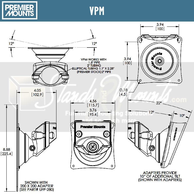 Premier Mounts Single Pole Floor Stand Base PSP-BASE, pole-mounted display bracket dimensions diagram