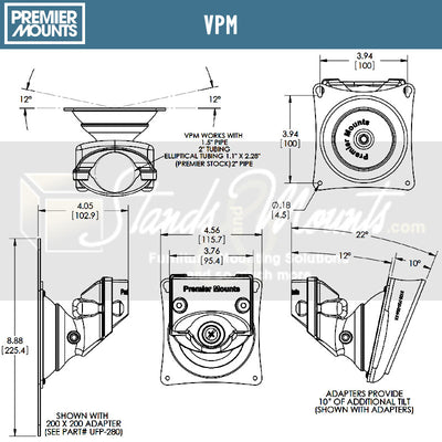 Premier Mounts Single Pole Floor Stand Base PSP-BASE, pole-mounted display bracket dimensions diagram