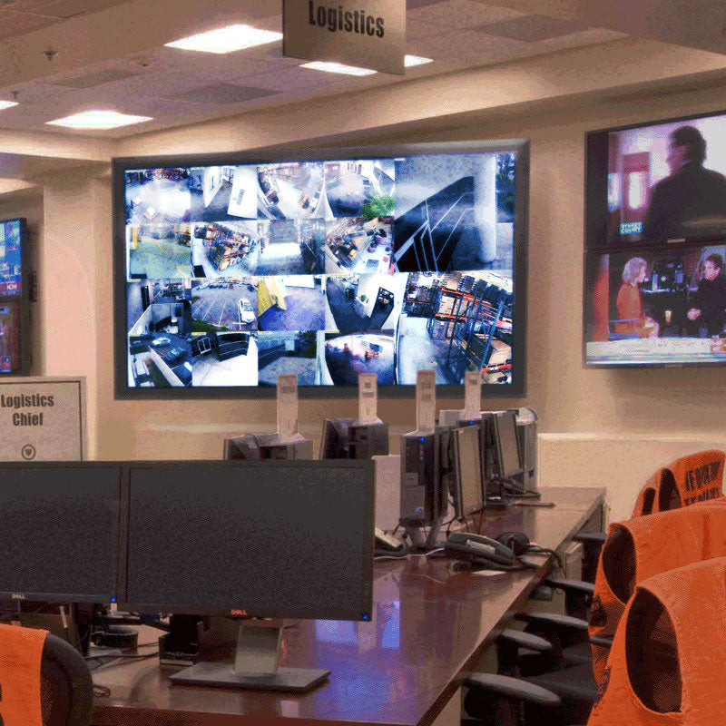Premier Mounts XXL Swing Arm Mega TV Wall Mount AM500-U, video wall installed security control room view