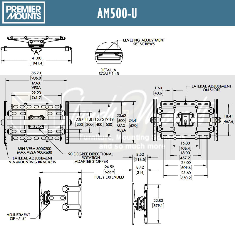 Premier Mounts XXL Swing Arm Mega TV Wall Mount AM500-U, full-motion TV wall mount dimensions diagram