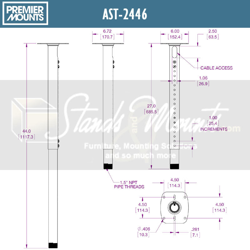 Premier Mounts Height Adjust Suspension Adapter AST-2446, projector mount dimensions diagram