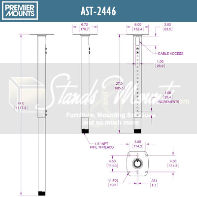 Premier Mounts Height Adjust Suspension Adapter AST-2446, projector mount dimensions diagram