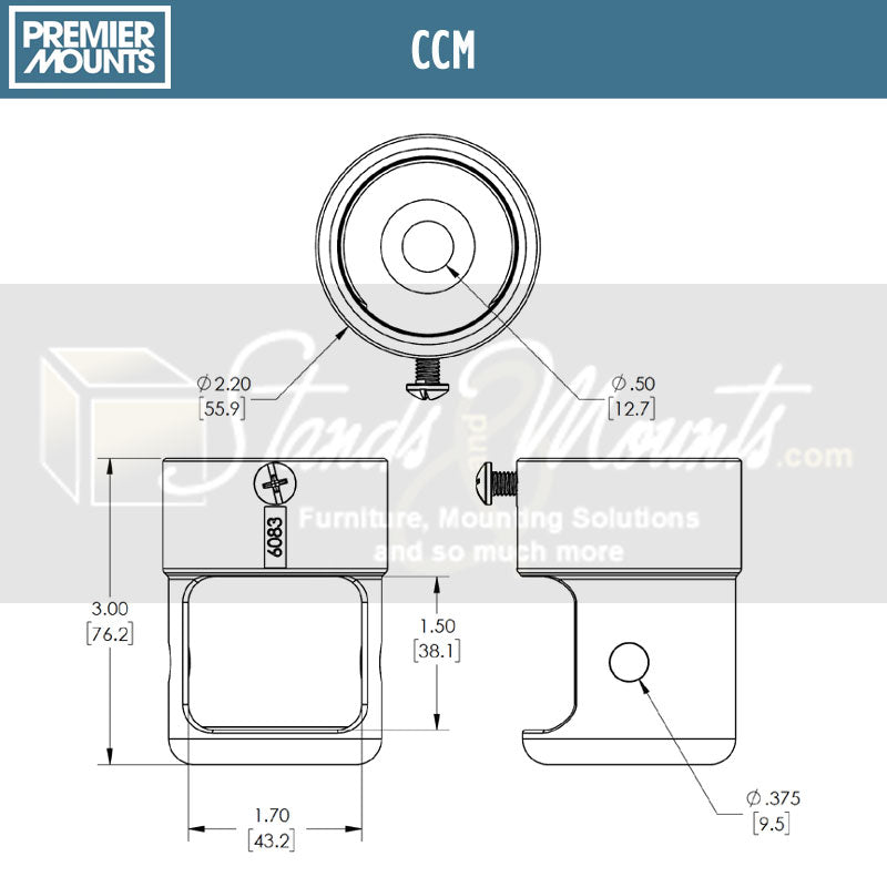 Premier Mounts End Cap with Cable Management CCM, ceiling camera mount technical dimensions