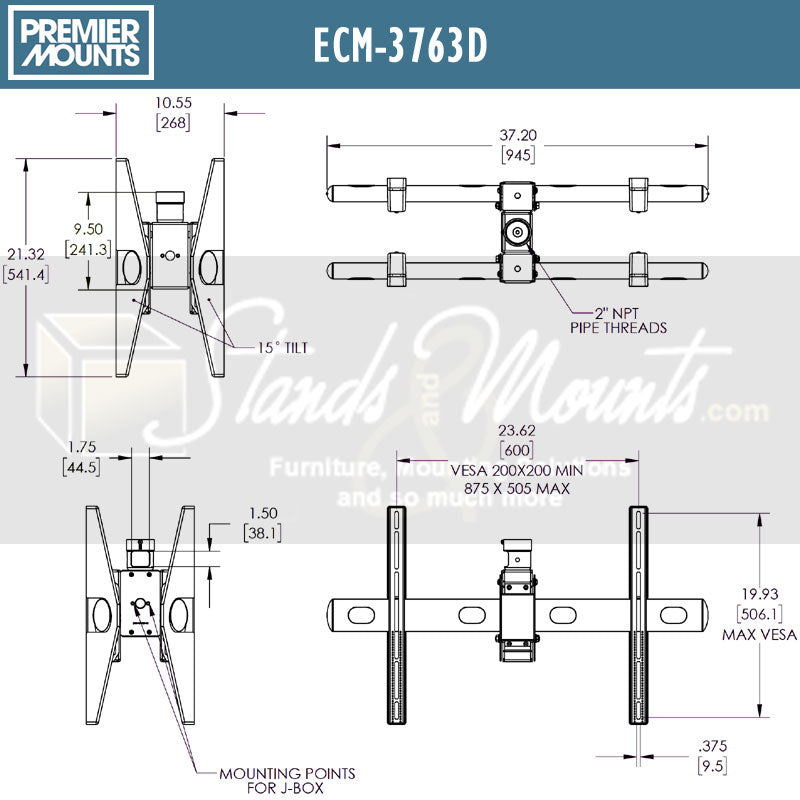 Premier Mounts Extra Large Back-to-Back TV Ceiling Mount ECM-3763D, dual display ceiling mount dimensions diagram