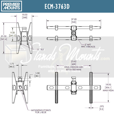 Premier Mounts Extra Large Back-to-Back TV Ceiling Mount ECM-3763D, dual display ceiling mount dimensions diagram