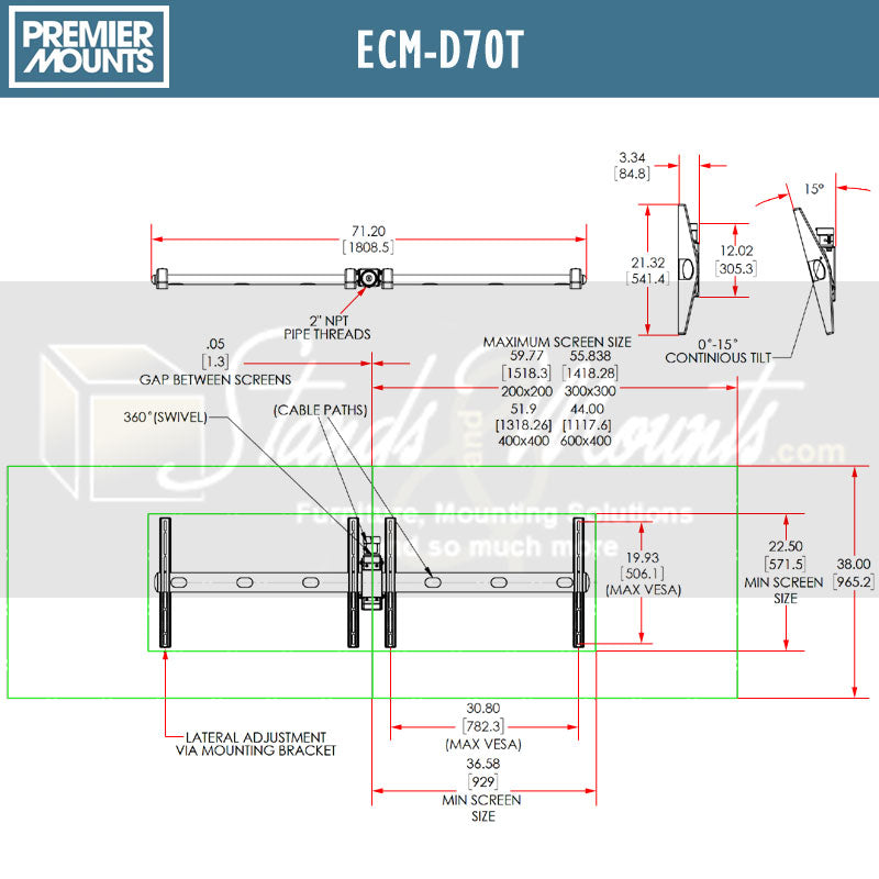 Premier Mounts Medium Dual TV Ceiling Mount ECM-D70T, dual display ceiling mount dimensions diagram