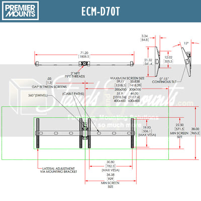 Premier Mounts Medium Dual TV Ceiling Mount ECM-D70T, dual display ceiling mount dimensions diagram