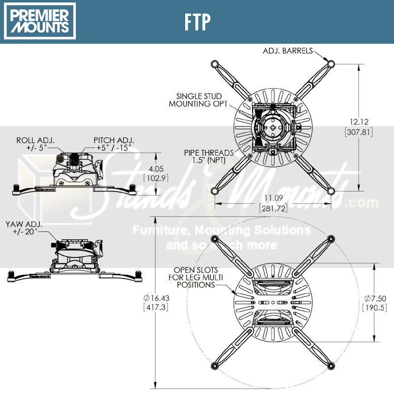 Premier Mounts Universal Fine Tune Projector Mount FTP, projector mount technical dimensions