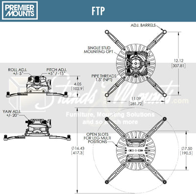 Premier Mounts Universal Fine Tune Projector Mount FTP, projector mount technical dimensions