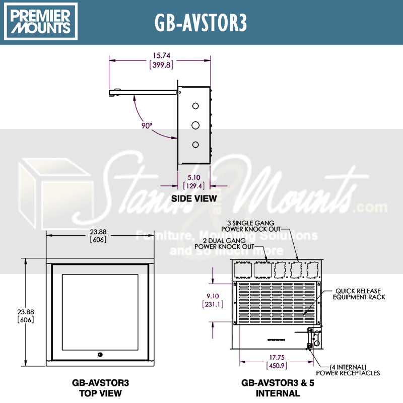 Premier Mounts False Ceiling Plenum Storage Gearbox GB-AVSTOR3, ceiling equipment enclosure technical dimensions