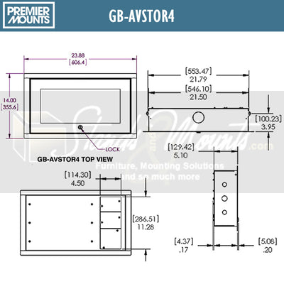 Premier Mounts False Ceiling Plenum Storage Gearbox GB-AVSTOR4, ceiling storage box dimensions diagram