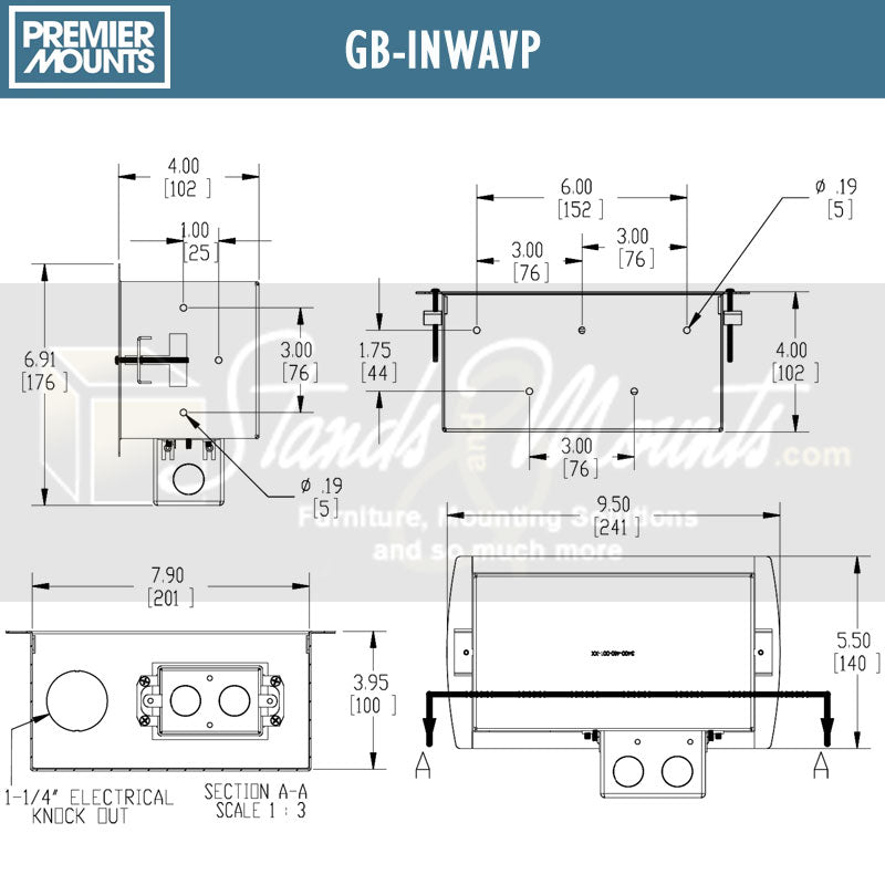 Premier Mounts In-Wall AV Cable and Power GearBox GB-INWAVP, recessed media box dimensions diagram