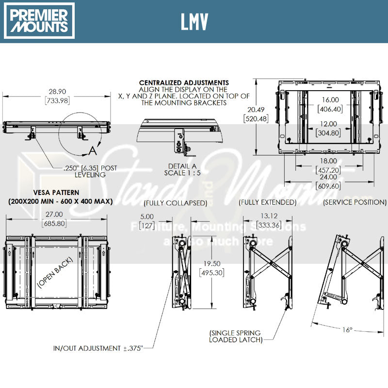 Premier Mounts Video Wall Mount LMV, pull-out display mount technical dimensions diagram