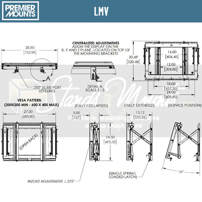 Premier Mounts Video Wall Mount LMV, pull-out display mount technical dimensions diagram