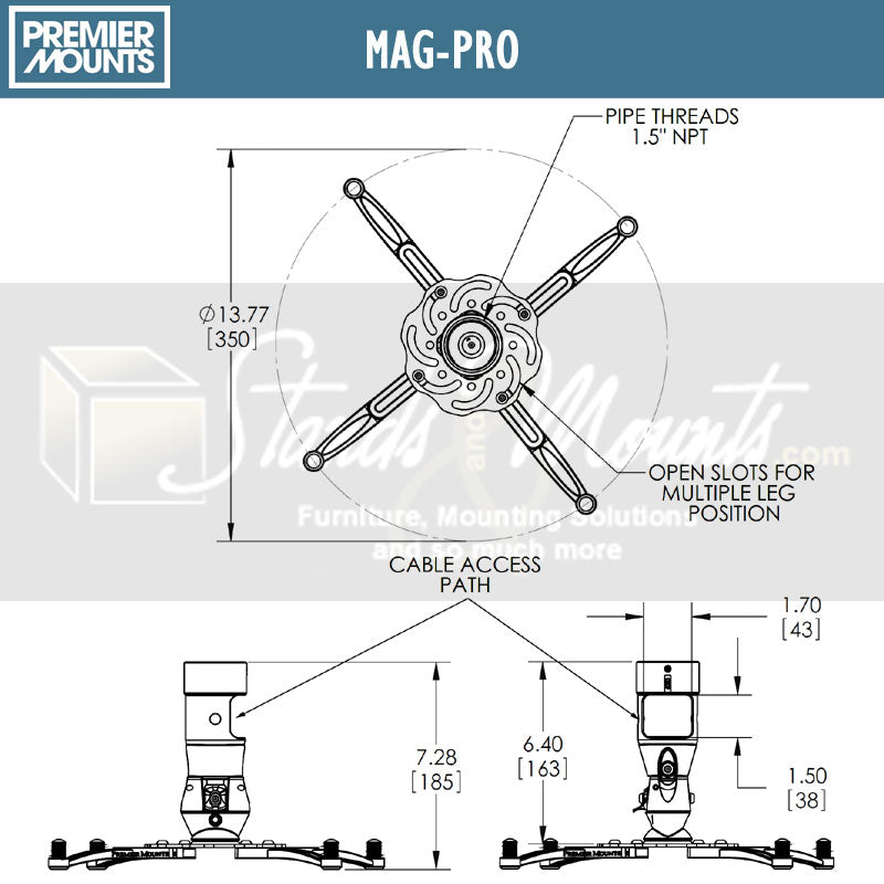 Premier Mounts MagnaGuide Univ Projector Mount MAG-PRO, projector ceiling mount technical dimensions