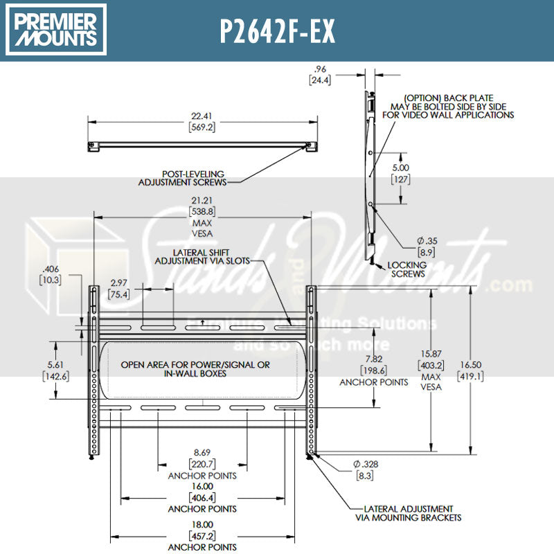 Premier Mounts Medium Fixed TV Wall Mount P2642F-EX, wall mount extension technical dimensions diagram