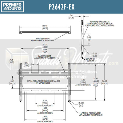 Premier Mounts Medium Fixed TV Wall Mount P2642F-EX, wall mount extension technical dimensions diagram