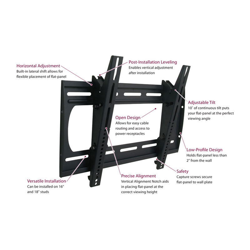 Premier Mounts Universal TV Wall Mount P2642T, low-profile tilting TV wall mount features diagram
