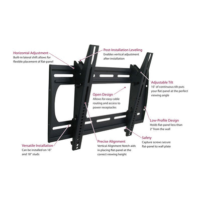 Premier Mounts Universal TV Wall Mount P2642T, low-profile tilting TV wall mount features diagram