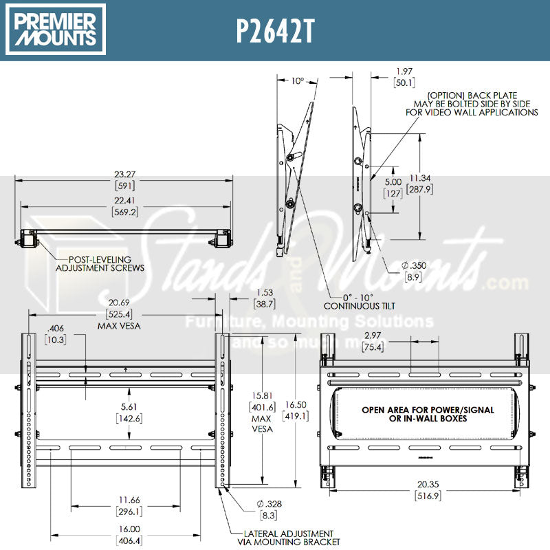 Premier Mounts Universal TV Wall Mount P2642T, low-profile tilting wall mount dimensions diagram