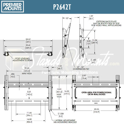 Premier Mounts Universal TV Wall Mount P2642T, low-profile tilting wall mount dimensions diagram