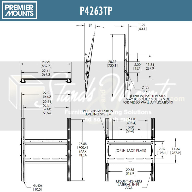Premier Mounts Universal TV Wall Mount P4263TP, tilting display wall mount dimensions diagram