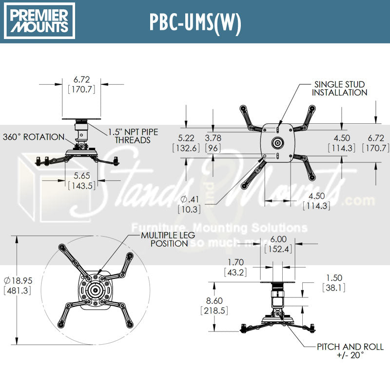 Premier Mounts Universal Adjustable Projector Mount PBC-1321, projector ceiling mount dimensions diagram