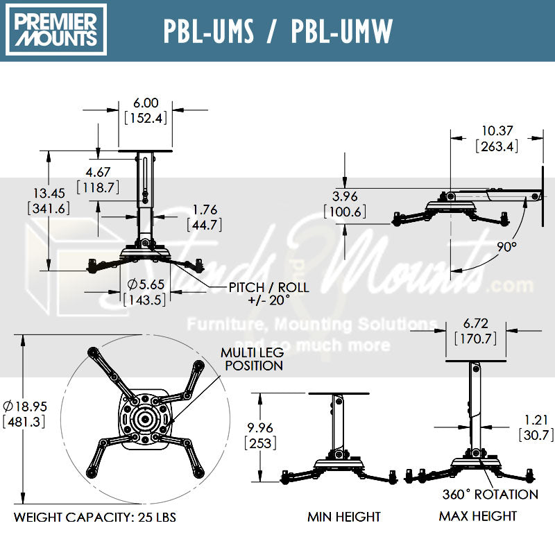 Premier Mounts Univ Height Adjust Projector Mount PBL-UMS, projector mount technical dimensions