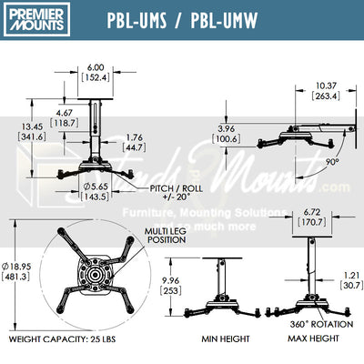 Premier Mounts Univ Height Adjust Projector Mount PBL-UMS, projector mount technical dimensions