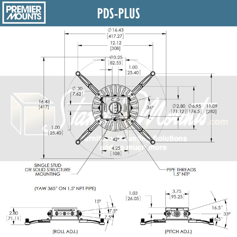 Premier Mounts Universal Low-Profile Projector Mount PDS-PLUS, projector mount dimensions diagram