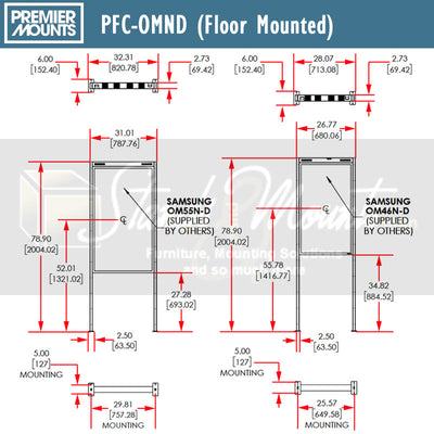 Premier Mounts Samsung OMN-D Dual-Sided Display Mount, PFC-OMND, floor-mounted digital signage technical dimensions