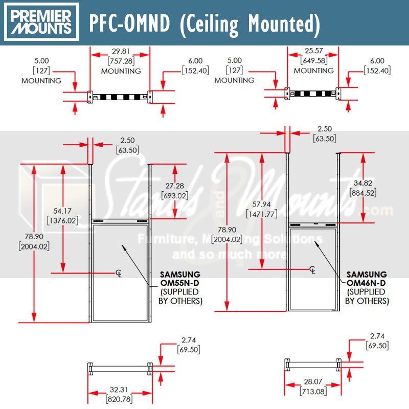 Premier Mounts Samsung OMN-D Dual-Sided Display Mount, PFC-OMND, ceiling-mounted digital signage technical dimensions