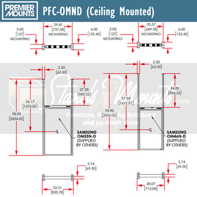 Premier Mounts Samsung OMN-D Dual-Sided Display Mount, PFC-OMND, ceiling-mounted digital signage technical dimensions