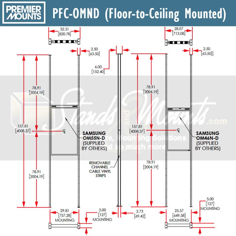 Premier Mounts Samsung OMN-D Dual-Sided Display Mount, PFC-OMND, floor-to-ceiling digital signage technical dimensions