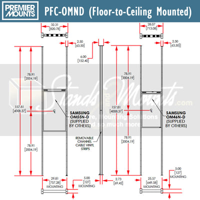 Premier Mounts Samsung OMN-D Dual-Sided Display Mount, PFC-OMND, floor-to-ceiling digital signage technical dimensions